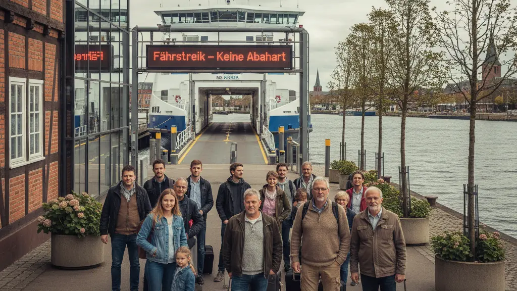 A diverse group of frustrated yet hopeful passengers waiting at a ferry terminal in Northern Germany, with a ferry docked in the background, showcasing a striking mix of contemporary and traditional architecture.