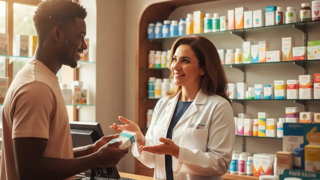 A friendly pharmacist in a white lab coat engages with a smiling young customer at a pharmacy counter, discussing medication recall with warmth and trust. The pharmacy background features neatly organized shelves filled with various health products, bathed in natural light to create a welcoming atmosphere.