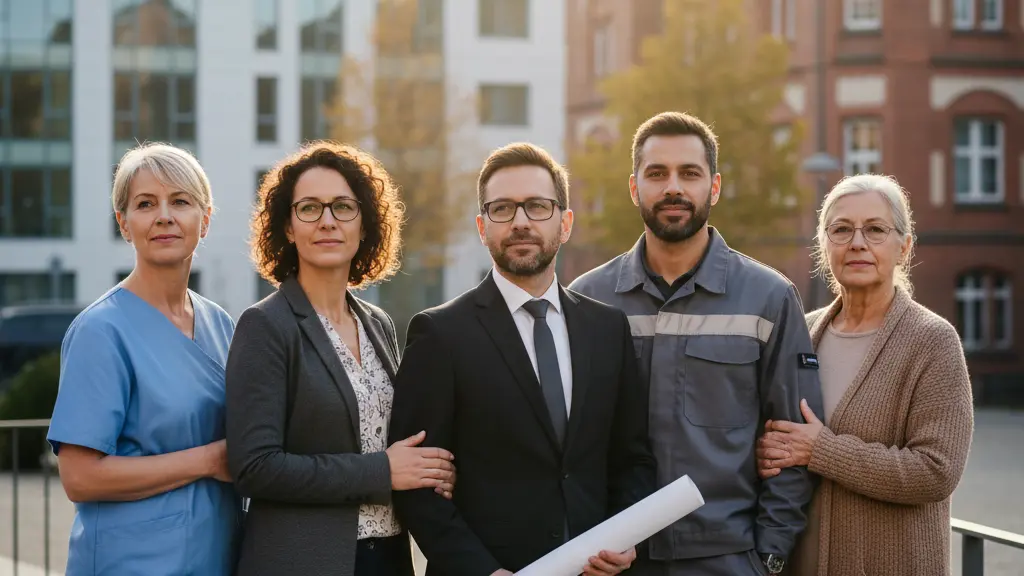 An ultra-realistic, eye-level photograph depicting a diverse group of four public sector professionals – a nurse, a teacher, a city planner, and a municipal worker – standing united with expressions of hopeful determination. They are centrally positioned and illuminated by warm morning light, set against a softly blurred background featuring a blend of modern and historic German administrative architecture and autumn trees, conveying the essential value and solidarity of public service.