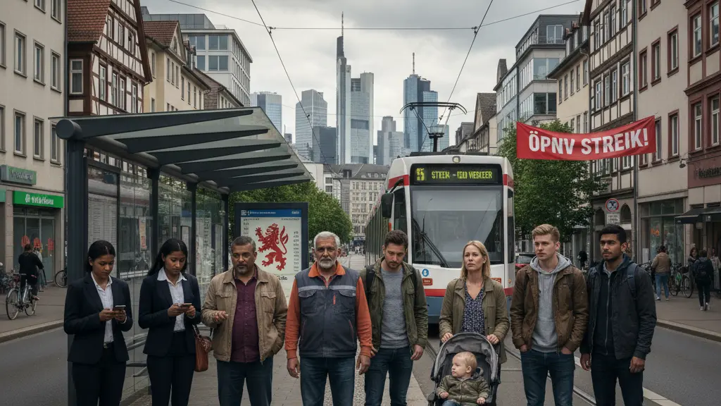 A group of diverse commuters standing at a bus stop in Hessen, Germany, expressing frustration during a public transport strike. The scene captures empty buses and trams, traditional architecture, and a cloudy sky, reflecting the disruption's impact on the community.