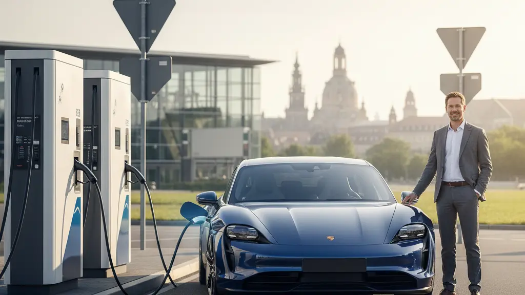 A photorealistic image depicting a dark blue luxury electric car charging at a sleek, multi-bay high-power charging station. A professional person stands beside the car, looking calm and satisfied. In the background, modern airport architecture blends with a subtly blurred distant skyline of Dresden, featuring a distinctive dome, all under clear, bright daylight. The scene conveys efficient and sustainable travel infrastructure.