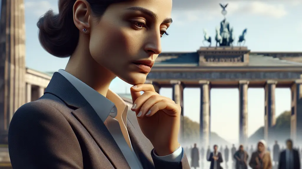 A contemplative portrait of Rasha Nasr in front of iconic Berlin landmarks, symbolizing her internal struggle with controversial asylum laws, bathed in warm afternoon light.