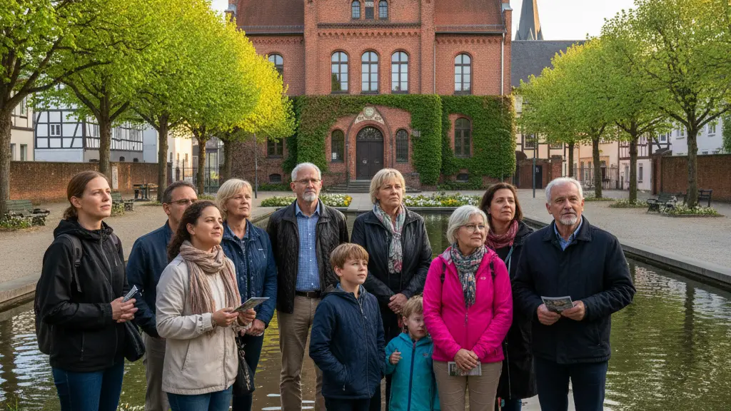 A diverse group of visitors at the Roter Ochse memorial in Halle (Saale), Sachsen-Anhalt, engaging thoughtfully with the site, showcasing a warm and reflective atmosphere amidst historical architecture and a peaceful landscape.