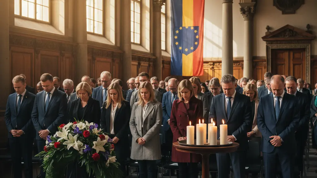 A diverse group of attendees in a grand hall of the Magdeburg Landtag, engaged in a moment of silence for Nazism victims, surrounded by architectural elements of the Landtag, a floral wreath in the foreground, and warm soft lighting creating a respectful atmosphere.