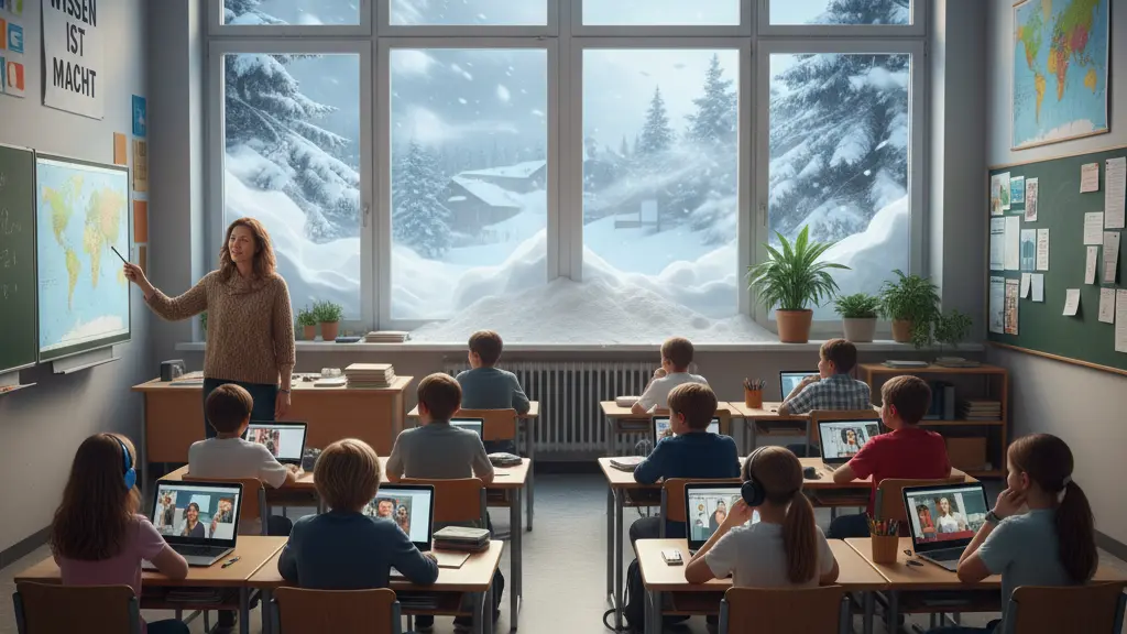 A modern classroom with snow and icy weather visible through the windows. A teacher engages with a diverse group of students using laptops and tablets for virtual learning. The warm interior contrasts with the harsh winter storm outside, symbolizing resilience in education.
