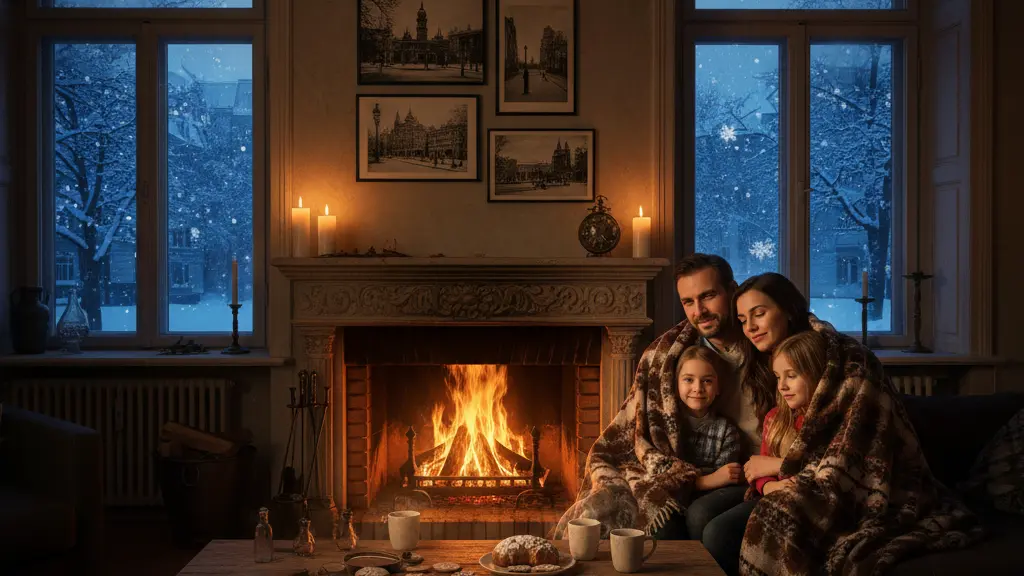 A family of four huddles together in a cozy living room during a winter power outage in Berlin, surrounded by warm lighting from a fireplace, as snow falls outside their traditional Berlin home.
