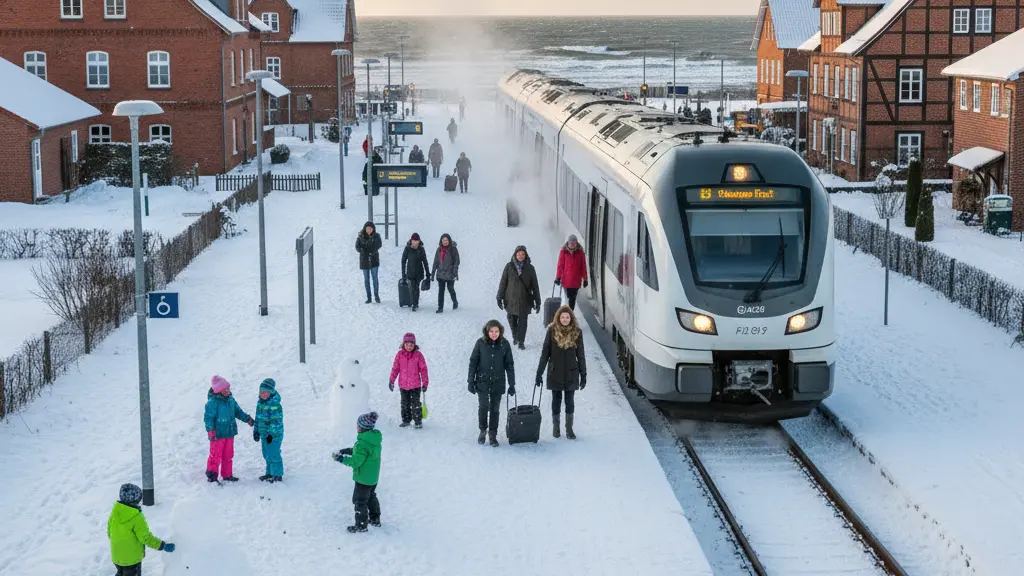 A post-storm winter scene in Mecklenburg-Vorpommern, Germany. A warm, modern regional train arrives at a bustling station surrounded by people in colorful winter clothing, with children playing in the snow nearby. Iconic red-brick buildings are visible amidst a gentle snowfall, and the icy Baltic Sea is in the background, symbolizing recovery and community spirit.