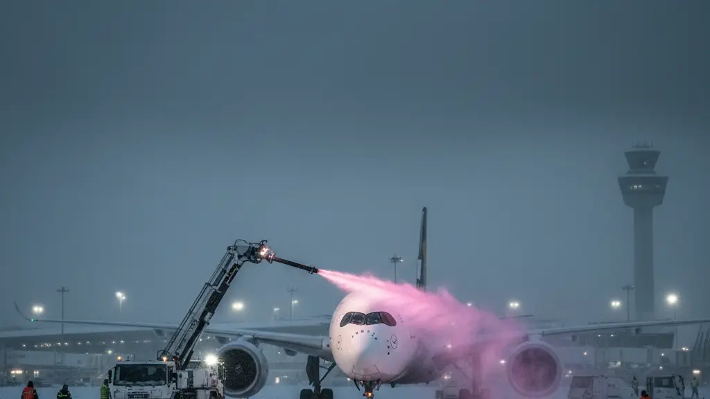 A high-resolution ultra-realistic image of Hamburg Airport during a winter storm in January 2026, featuring a large de-icing vehicle spraying bright pink fluid onto an airplane amidst heavy snowfall, with the airport terminal and control tower visible in the snowy background.
