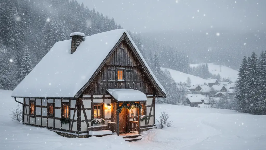 A cozy German cabin surrounded by deep snow, set in a tranquil winter landscape after a snowstorm, with softly falling snowflakes and a backdrop of frosted pine trees and rolling hills.