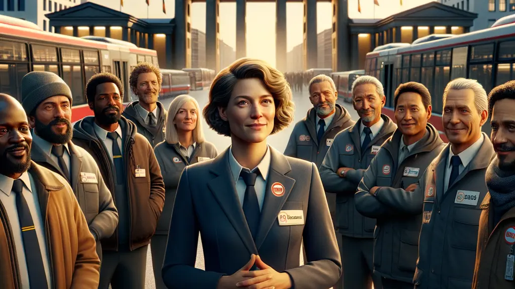 A diverse group of public transportation workers in BVG uniforms stands together in a bus terminal in Berlin, with their female leader speaking confidently. The iconic Berlin skyline including the Brandenburg Gate is in the background, capturing a moment of unity and hope during labor negotiations.