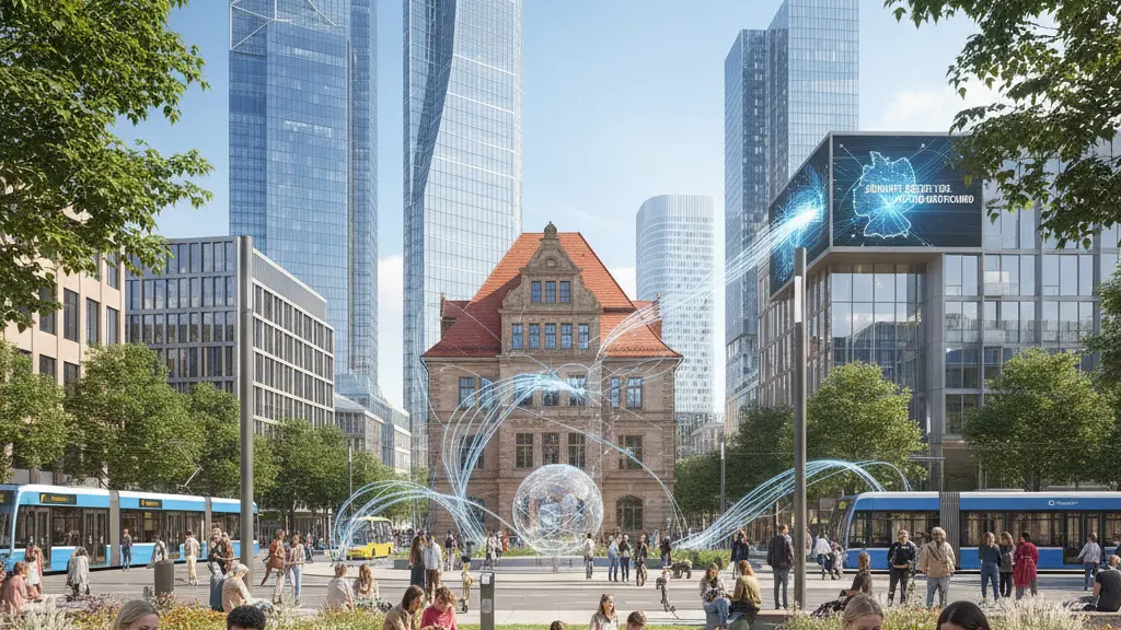 A diverse group of people using technology joyfully in a modern urban plaza, symbolizing Germany's transition from copper to fiber optic infrastructure, with contemporary buildings and visible fiber optic cables in the background.