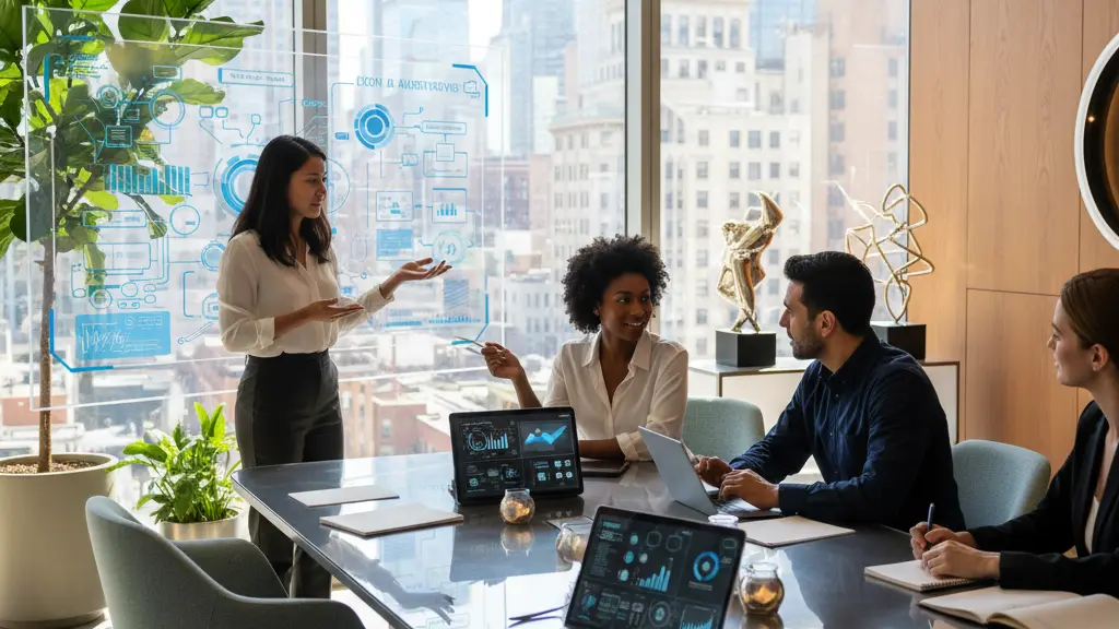 A diverse group of professionals collaborating in a modern office, representing the merging of expertise and tech skills into hybrid roles. The scene shows a Black woman and a Hispanic man discussing ideas around a high-tech conference table, while a South Asian woman presents insights on a digital screen. The background features an urban cityscape with modern and historical architecture, illuminated by natural light.