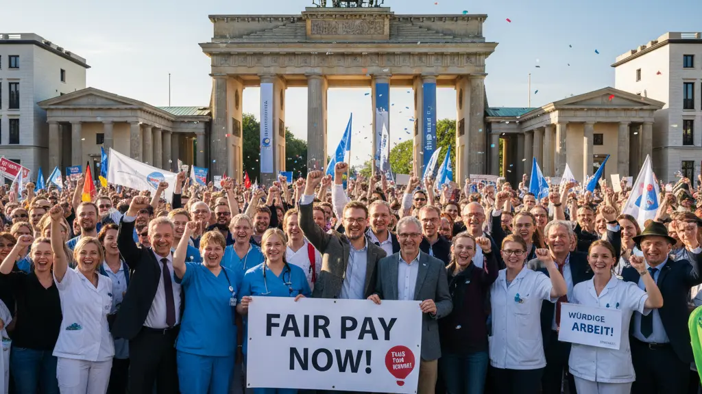A diverse group of public service workers protesting in front of the Brandenburg Gate in Berlin, showcasing unity and determination for fair wages and better working conditions. The scene captures the vibrant energy of the gathering, with expressive faces and colorful banners, all set against the iconic backdrop of Berlin's architecture.