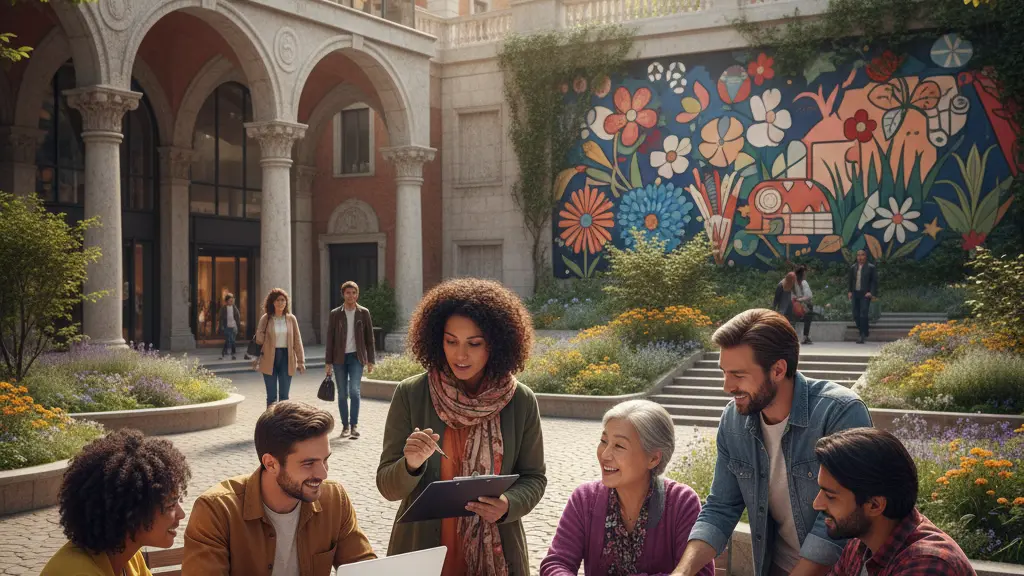A diverse group of individuals engaged in a collaborative community project in a vibrant urban setting, showcasing togetherness and positivity amidst colorful architecture and greenery.