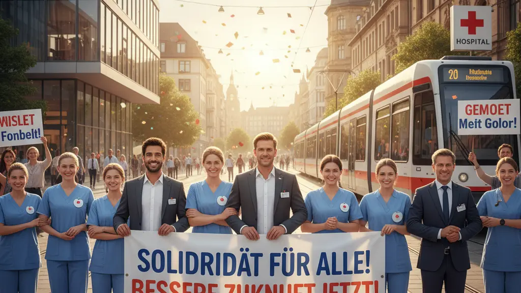 A diverse group of public service workers standing united in a vibrant strike, showcasing hope and solidarity against the backdrop of a German cityscape, emphasizing their determination and community support.