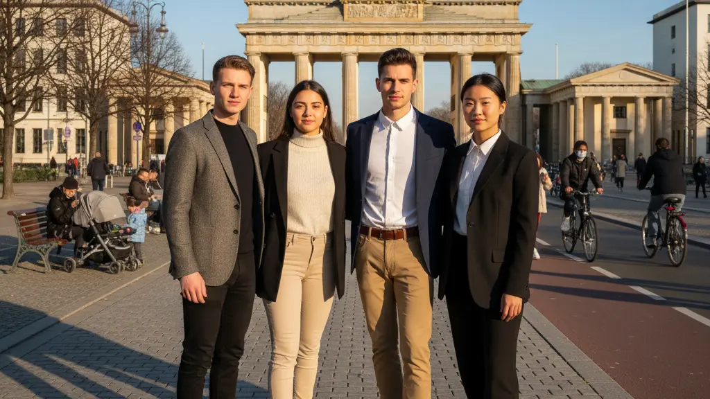 A diverse group of four young adults standing together in an urban setting in Germany, dressed in modern clothing, with vibrant city architecture in the background, symbolizing hope and community.