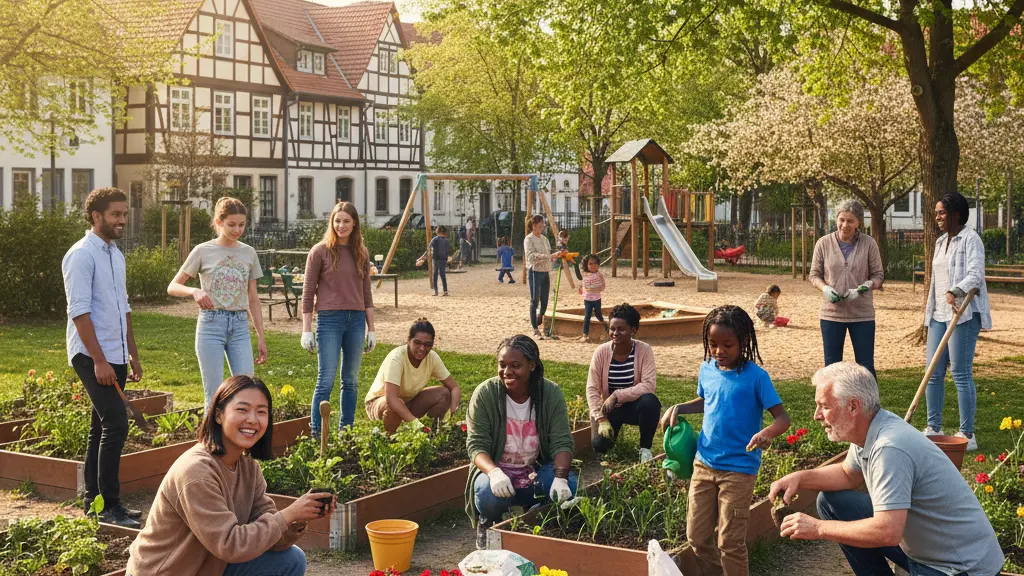 A diverse group of people planting a community garden in a sunny German park, symbolizing social support and unity, surrounded by trees and traditional German architecture.