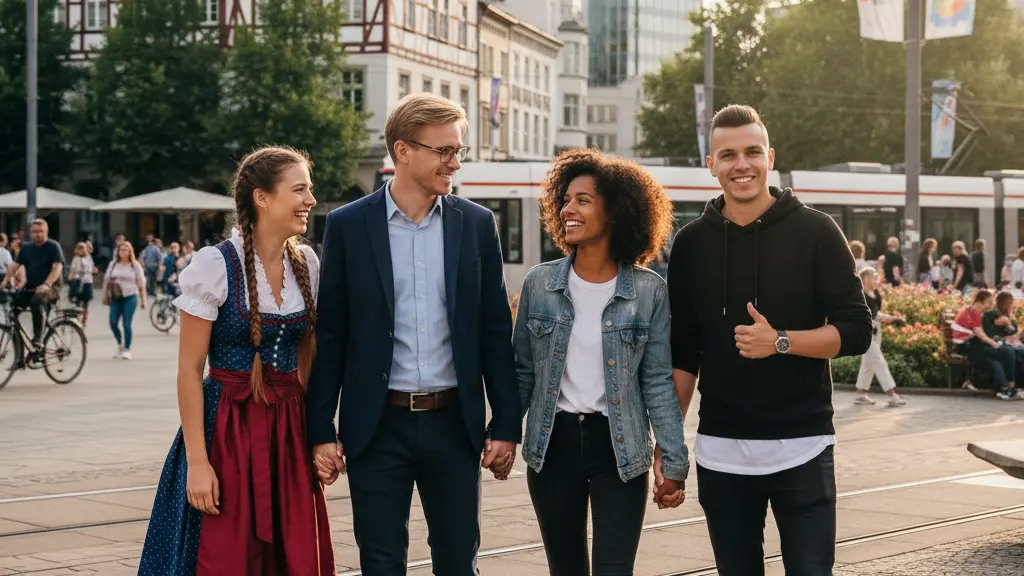 A diverse group of young people smiling and standing together in a vibrant urban setting in Germany, showcasing unity and hope for the future amid economic challenges.