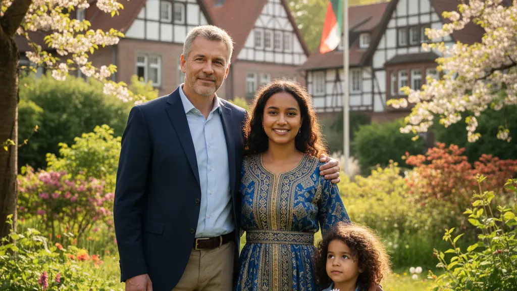 A diverse group of three individuals—a young woman in traditional dress, a middle-aged man in smart-casual attire, and a child holding a flower—standing together in a sunlit outdoor park, surrounded by blossoming flowers and trees, symbolizing unity and resilience in the context of migration and refugee policy in North-Rhine Westphalia.