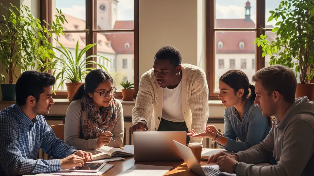A diverse group of international students studying together in a modern German university classroom, focusing on collaboration and academic engagement. The image captures five students of various ethnic backgrounds working on laptops and books, with bright natural lighting and elements of German architecture visible in the background.