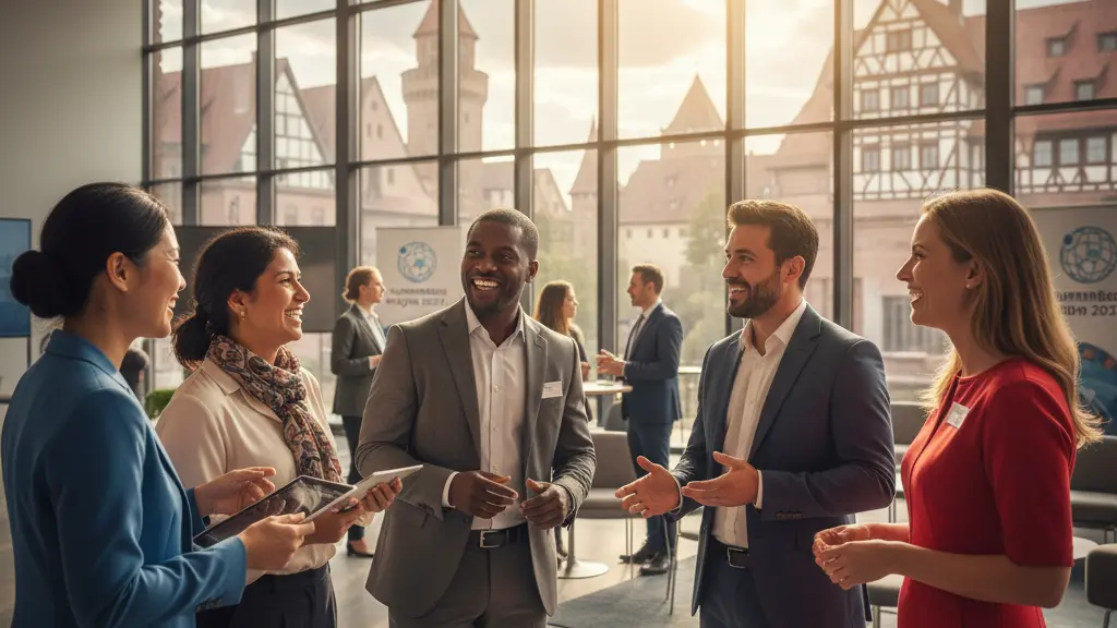 A diverse group of individuals, including an Asian woman, a Black man, a Middle-Eastern woman, a Hispanic man, and a Caucasian woman, engaging in a dynamic discussion during the Nuremberg Migration Days 2025 conference, set in a modern conference hall with glimpses of Nuremberg's architecture visible through large windows.