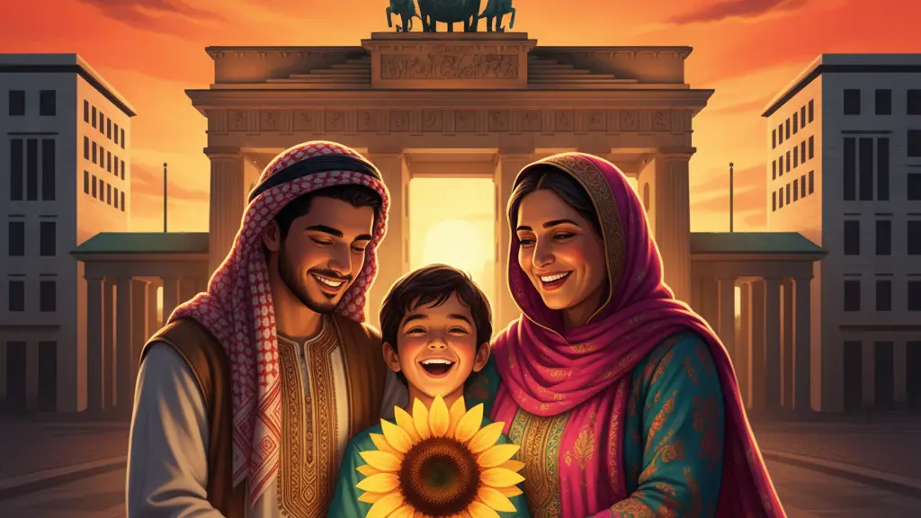 A diverse group of three individuals, a young Syrian man, a middle-aged Afghan woman, and a smiling young boy holding a sunflower, standing in an embrace against a vibrant sunset backdrop depicting German architecture. The scene symbolizes hope, unity, and resilience among asylum seekers.