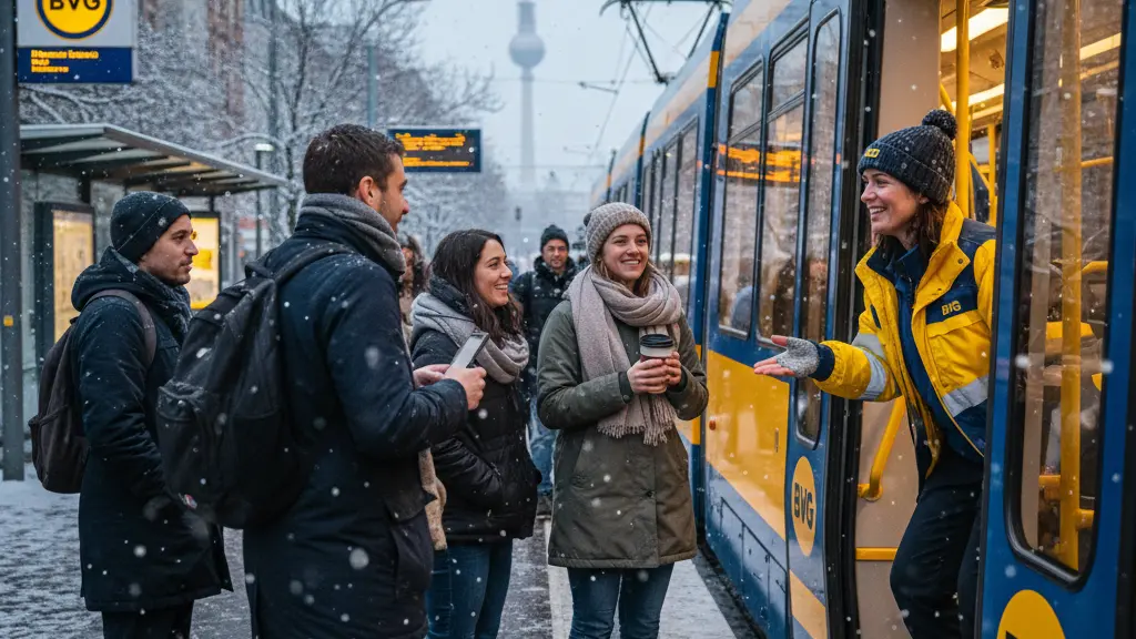 A smiling female tram driver interacts with diverse commuters at a snowy Berlin tram platform, surrounded by iconic Berlin architecture and gently falling snowflakes, conveying a sense of community and resilience in public transport.