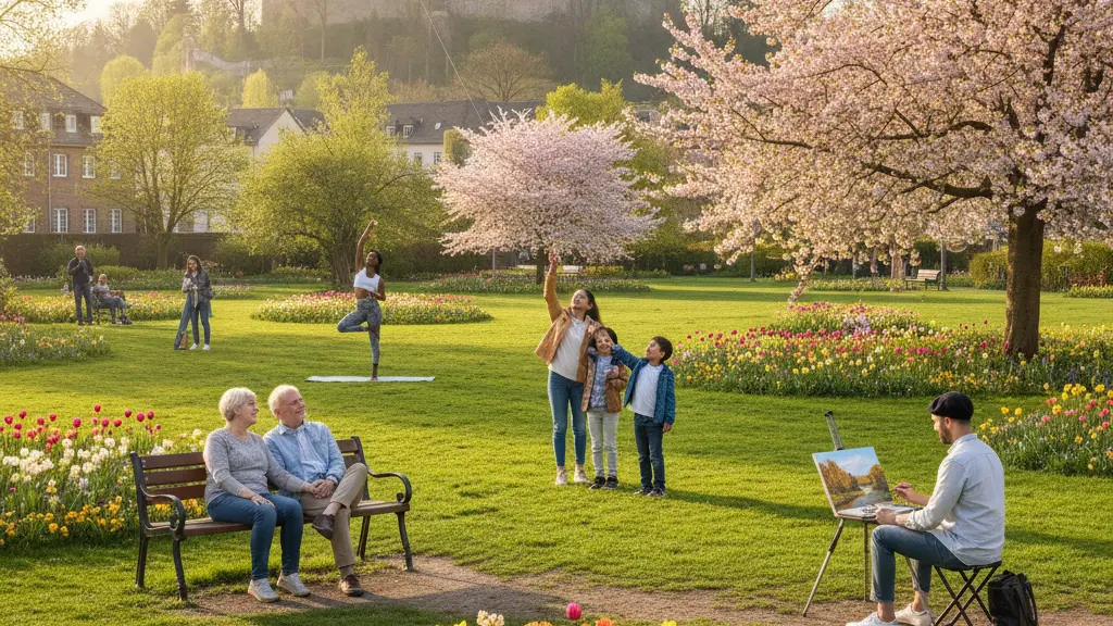 A diverse group of people enjoying a serene park scene in Solingen, Germany, symbolizing hope and resilience after a crisis. Families are engaged in various peaceful activities amidst blooming flowers and green trees, with the iconic Burg Castle visible in the background.