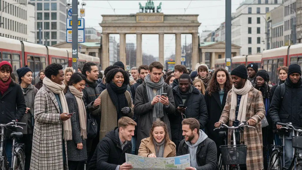 A diverse group of people standing together at a Berlin tram station during a 24-hour public transport strike, dressed in winter clothing, with iconic Berlin architecture in the background, conveying a message of solidarity and community spirit.