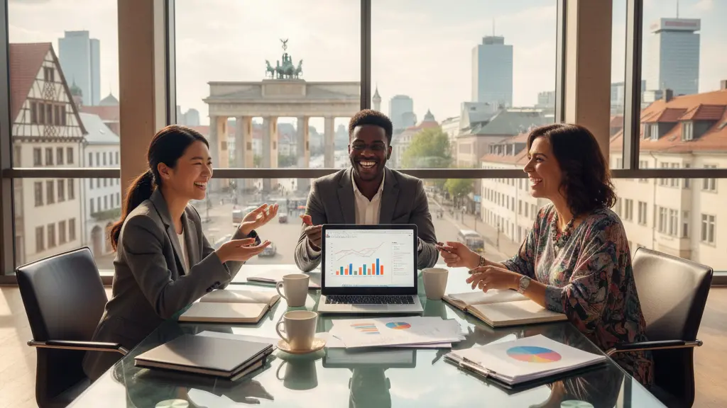 A diverse group of self-employed individuals in a modern co-working space, collaborating joyfully over business plans, set against a backdrop of iconic German landmarks.