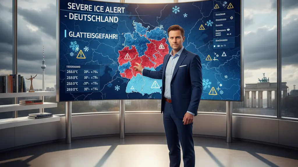 A weather expert in a modern studio presenting a weather map with alerts for icy conditions in Germany, surrounded by subtle hints of German landmarks, illustrating urgency and professionalism.
