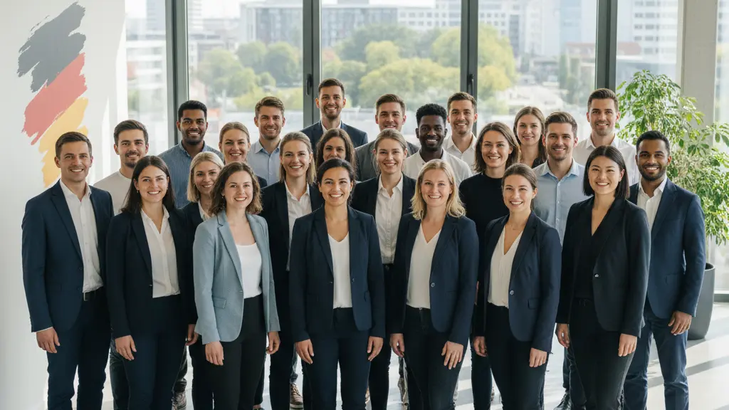 A diverse group of 26 trainees celebrating their new professional journey in a modern office setting in Germany, smiling and dressed in business casual attire, with elements representing German culture subtly integrated in the background.