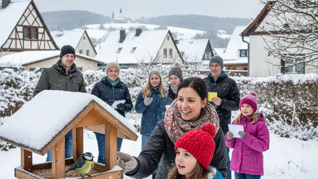A young girl joyfully observing a blue tit at a bird feeder while her mother points to sparrows nearby, set in a snowy Rheinland-Pfalz landscape with traditional German architecture in the background.