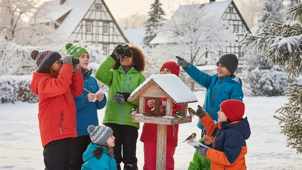 A group of children joyfully observing and counting winter birds at a bird feeder in a snowy park, immersed in a collaborative activity while showcasing the essence of the Winter Birds Hour 2026.
