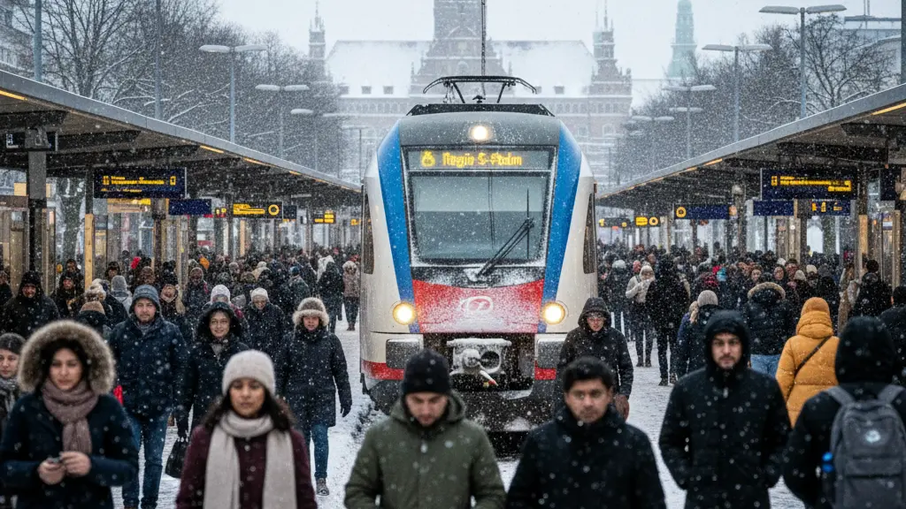 A photorealistic winter scene at a Bremen train station featuring a Regio-S-Bahn train surrounded by diverse commuters, snow gently falling, with Bremen's iconic Town Hall in the background.