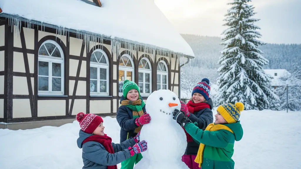 Children happily building a snowman in front of a snow-covered primary school in Germany, capturing the uplifting spirit of winter despite school disruptions caused by heavy snowfall.