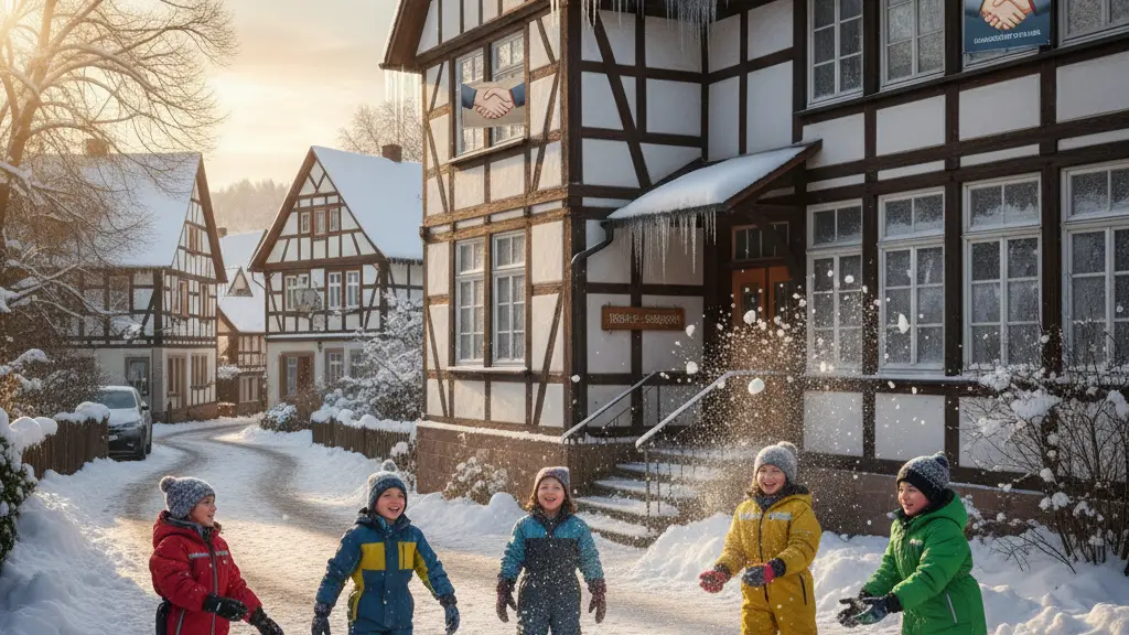 Children joyfully playing in the snow in front of a traditional German schoolhouse, with a wintery landscape featuring half-timbered houses and subtle hints of Chancellor Friedrich Merz's visit to India.