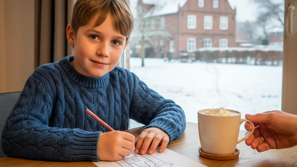 A photorealistic image of a young child, approximately 9 years old, drawing intently with colored pencils at a wooden table. The child's face shows calm concentration and joy. Through a window in the background, a snow-dusted landscape featuring red-brick architecture typical of Mecklenburg-Vorpommern, Germany, is visible under a soft winter sky. A parental hand gently rests near a steaming mug of cocoa. The scene conveys a warm, nurturing environment and continued learning at home during winter.
