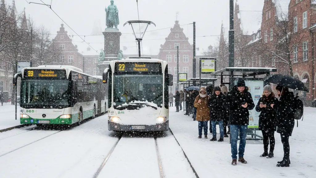 A winter scene in Bremen, Germany, showing a snow-covered tram stop with a non-operational tram and buses arriving to provide service; people are visible in winter clothing, waiting at the bus stop, with snow gently falling in a scenic backdrop of Bremen's architecture.