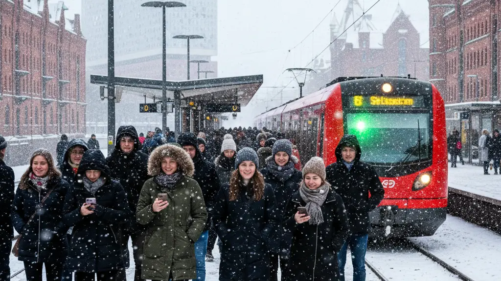 A winter scene in Hamburg showing a crowded S-Bahn train platform during snowfall, with passengers in winter attire waiting for delayed trains, iconic Hamburg architecture in the background, creating a sense of community resilience.