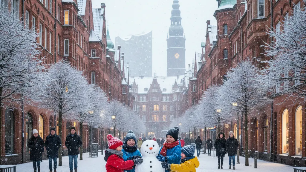 Children building a snowman in a snow-covered Hamburg neighborhood with historic brick buildings and the city skyline in the background on a cold January day.
