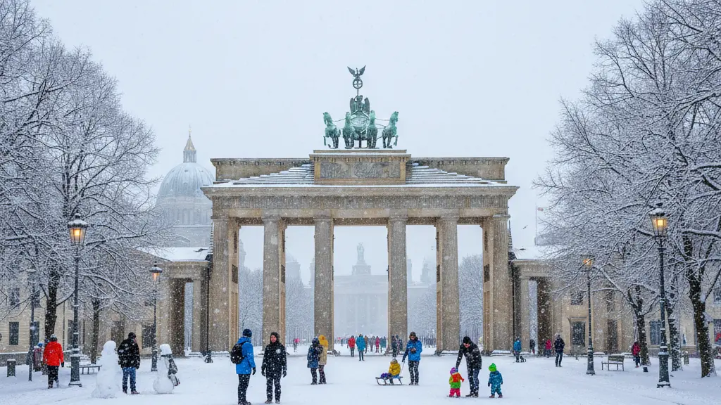 An ultra-realistic image of a snow-covered Berlin city square featuring the Brandenburg Gate, with gentle snow falling, people enjoying winter activities, and iconic architecture in the background.