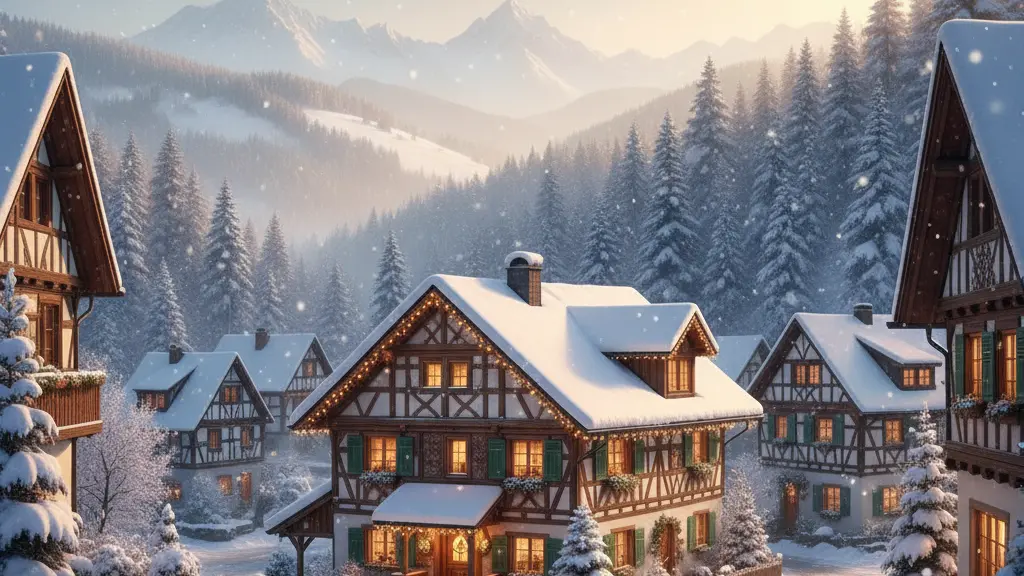 A cozy, warmly lit chalet surrounded by a serene winter landscape in Germany, featuring snow-covered trees and gently falling snowflakes, with traditional German architecture visible in the background.