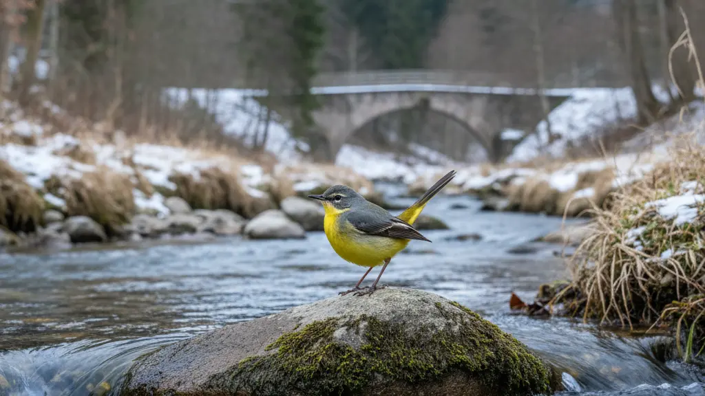 An ultra-realistic, high-resolution photorealistic image showing a vibrant Mountain Wagtail with a lemon-yellow belly and grey-green back, perched on a mossy river stone in a clear, fast-flowing winter stream. The bird is centered, its long tail bobbing. In the background, snow-dusted riverbanks are lined with bare European deciduous trees and dark green conifers, with a traditional stone arch bridge subtly visible, indicating a Central European low mountain range. The lighting is soft winter daylight, and the image is free of text or borders.