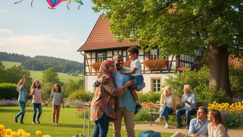 A heartwarming scene showing diverse asylum seekers reuniting joyfully in a park in Germany, one family hugging with smiles, children playing nearby, surrounded by vibrant nature and cultural landmarks reflecting the setting.