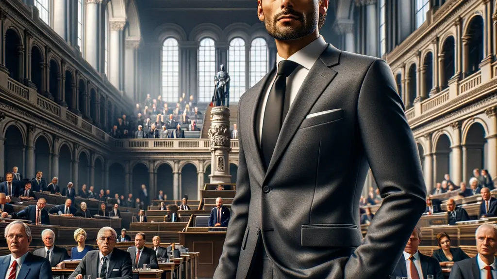 Björn Höcke addressing the Thüringen Parliament during a motion of no confidence, surrounded by parliament members in a grand political setting.