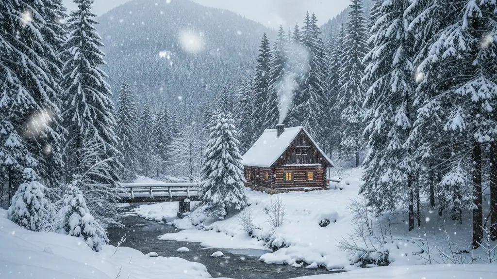 A tranquil winter scene featuring a cozy cabin covered in fresh snow, surrounded by snow-draped pine trees and a gentle snowfall, set against a backdrop of rolling hills reminiscent of the Erzgebirge region.