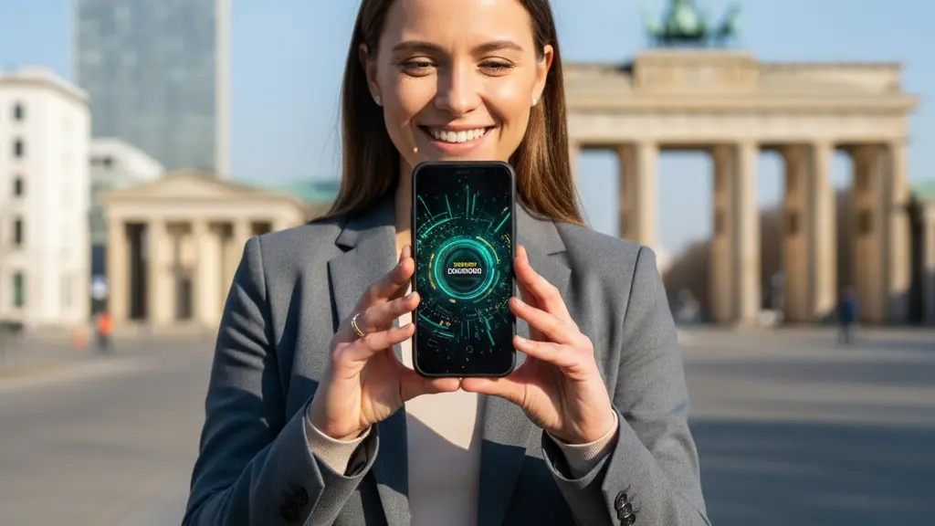 A radiant young woman in stylish attire smiles brightly while looking at her smartphone, which displays a vibrant, abstract visual confirmation of a successful online ticket purchase. She stands centrally in a modern Berlin cityscape, featuring sleek glass buildings and the iconic Brandenburg Gate softly blurred in the background. The scene is bright and uplifting, celebrating modern access to the Berlinale film festival.