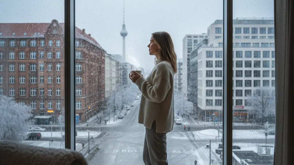 An ultra-realistic, eye-level photograph captures a contemplative woman in her late 30s in a warm interior, gazing through a large window at an ultra-detailed, icy Berlin cityscape. She holds a steaming mug, her face reflecting calm appreciation. Outside, bare trees, modern and classic German architecture, and urban elements are exquisitely coated in a shimmering layer of transparent ice, sparkling under soft, diffused winter light. The iconic Berlin TV Tower is subtly visible in the distance. The scene conveys profound peace and the unique beauty of a frozen urban landscape. No text or overlays.