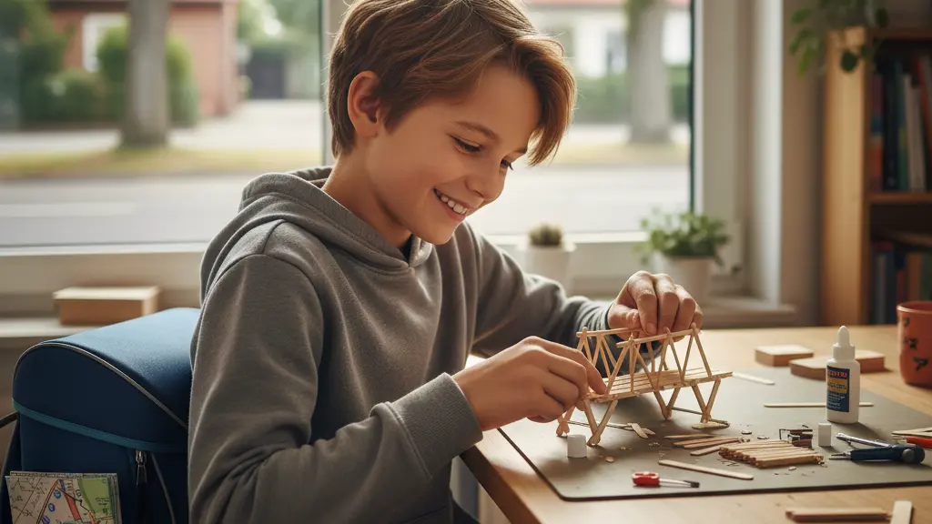 A photorealistic, eye-level image depicts a cheerful and deeply focused 10-year-old German child, seated centrally at a wooden desk in a bright, modern German home. The child, dressed in comfortable everyday clothes, is engaged in building a small, intricate craft model, symbolizing adaptable and self-directed learning. Through a large window behind the child, a tranquil, green, and sparsely trafficked suburban street with traditional German architecture characteristic of Brandenburg is visible. On the desk, a modern, generic German school backpack and a subtly folded public transport map with abstract colored lines (devoid of text) provide visual cues for the broader German context, hinting at Berlin's contrasting urban environment. The image is clean, professionally composed, and conveys a positive message of educational resilience and family well-being.